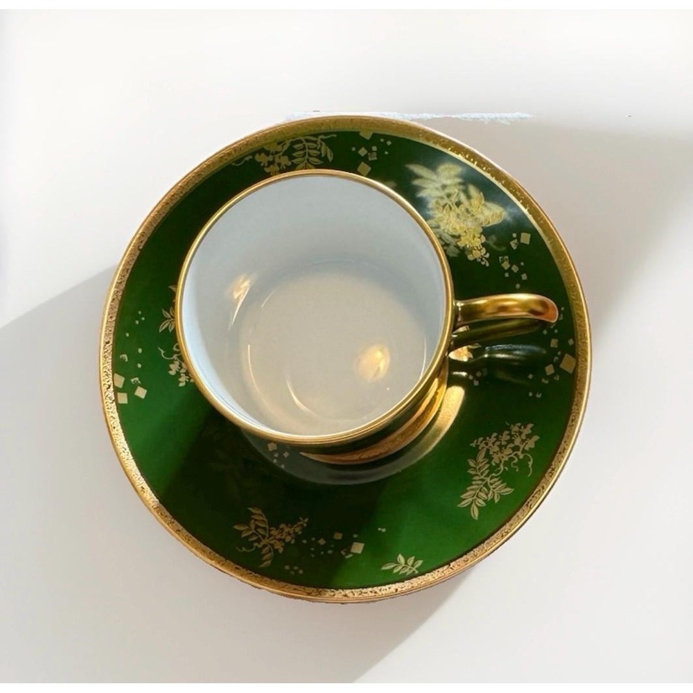 Okura China Demitasse Cup Saucer Green and Gold Japanese Porcelain